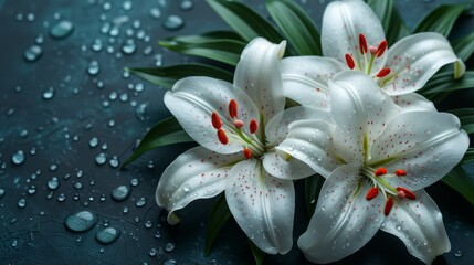   Two white flowers with red stamen atop a blue backdrop, adorned with water droplets on their petals and green foliage beneath