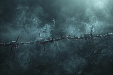 In the hazy shadows, ethereal barbed wire weaves a haunting tale of addiction's relentless grip on the soul. - obrazy, fototapety, plakaty