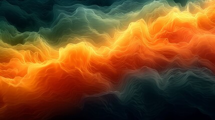   A digital rendering of an orange, yellow, and green undulating wave composed of wavy lines against a dark blue backdrop