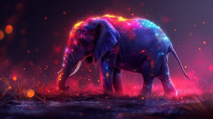  A digital painting of an elephant adorned with bright lights on its body and illuminated tusks - obrazy, fototapety, plakaty
