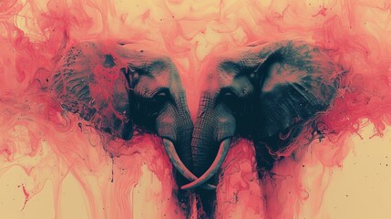   A painting of an elephant's head with red smoke emerging from its trunk