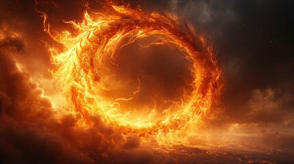   A ring of fire encircles the night sky's center, contrasting against the backdrop of dark clouds and velvet darkness