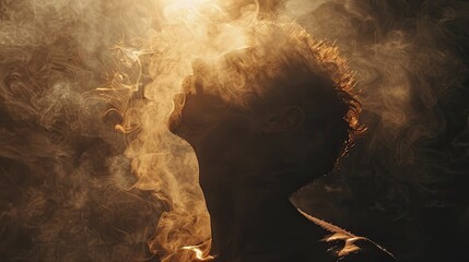 A coughing silhouette in a smoky room against a dark background, illustrating the immediate health effects. - obrazy, fototapety, plakaty