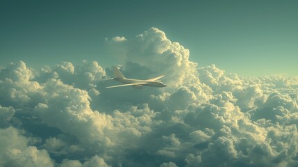   A large jetliner flies through a cloudy, blue sky, dotted with scattered clouds, with a smaller...