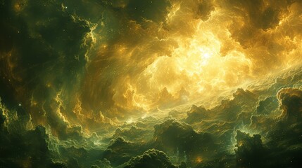   An image of a yellow-orange cloud filled with flame at its core, situated in the center of the sky
