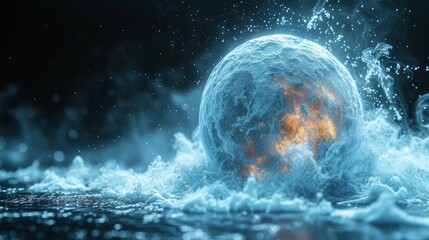   A tight shot of a globe of water enclosing a fire at its core against a backdrop of absolute blackness - Powered by Adobe