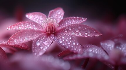   A pink flower, closely framed, features drops of water against a black backdrop In the foreground, pink blossoms emerge
