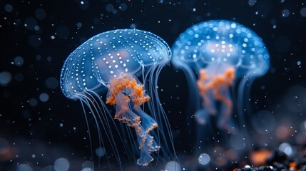   A tight shot of two jellyfish in a water body, with water droplets on its surface - obrazy, fototapety, plakaty