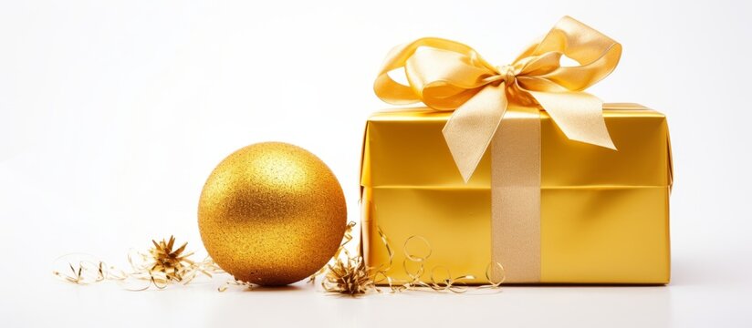 A gold gift box with a bow, containing a gold egg, Liquid Amber Perfume, and Cosmetics. The box is placed on a white background alongside a glass bottle of gold ingredient