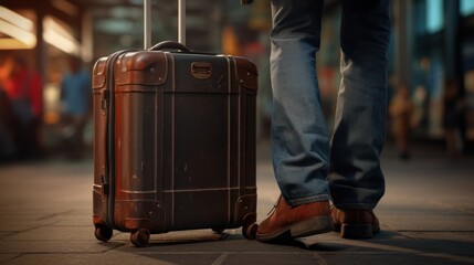 A tourist's feet and suitcase stand in the middle of a bustling train station, ready to explore new...