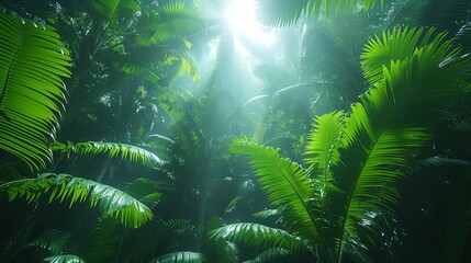   The sun filters through the green foliage of a tree in a tropical forest, and a tree in the backdrop sports similar verdant leaves with sunlight streaming through