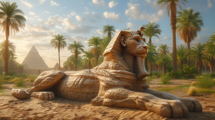   A statue of a lion in the desert's heart, surrounded by palm trees Pyramids towered in the background - obrazy, fototapety, plakaty
