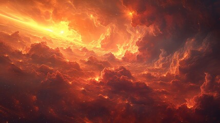   A red and yellow sky with clouds; a plane passes through, sun situated in the upper part - obrazy, fototapety, plakaty