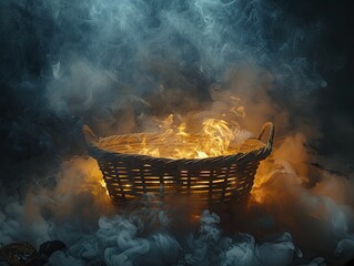 Within the eerie haze surrounding the cradle, shadows cast a grim reminder of the dangers faced by unborn and newborn children. - obrazy, fototapety, plakaty