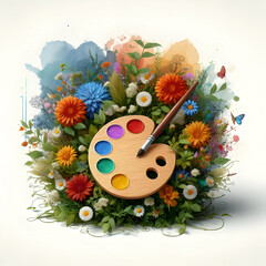 3D flat icon as Blossoming Creativity as A watercolor of an artist palette surrounded by a wreath of wildflowers in watercolor floral theme with isolated white background ,Full depth of field, high qu