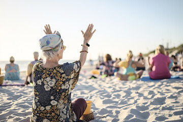 Senior Woman Practicing Yoga on Sunny Beach