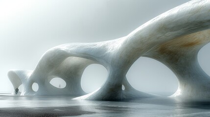   A large white sculpture sits in the middle of a tranquil body of water against a backdrop of foggy skies