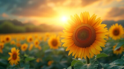   A sunflower amidst a sea of sunflowers, sun illuminating through overcast sky