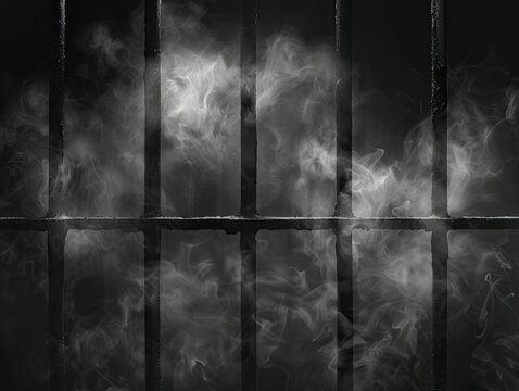 Smoke forming bars of a cage against a black background, symbolizing addiction's trap.