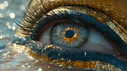   A detailed shot of an eye, its iris sporting intricate golden and blue patterns - obrazy, fototapety, plakaty