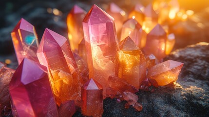   A collection of orange and pink crystals sits atop a rocky mound near the water's edge