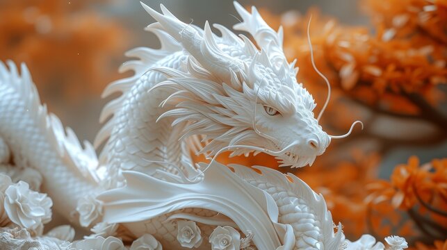   A white dragon figurine sits atop the table, nearby, a tree blooms with orange and white flowers