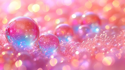   A cluster of radiant balls atop a mound of rosy-pink and baby-blue glittered orbs against a soft pink backdrop - obrazy, fototapety, plakaty