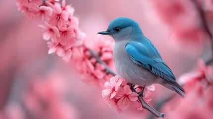   A blue bird perches on a tree branch, surrounded by pink flowers in the foreground Behind, a pink sky extends into the background