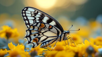   A tight shot of a butterfly atop a yellow flower against a backdrop of sun-illuminated yellow blooms and the sun beyond