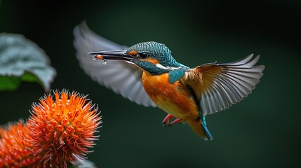   A vibrant bird with an elongated beak flies above a bloom, spreading its wings and pointing its beak skyward