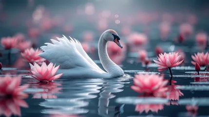 Foto op Canvas   A white swan floats atop a body of water, surrounded by pink water lilies © Wall