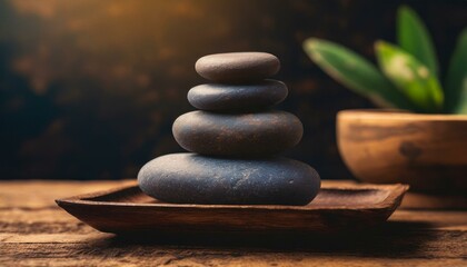 A stack of spa stones is neatly placed on top of a wooden table tray, set against a dark backdrop....