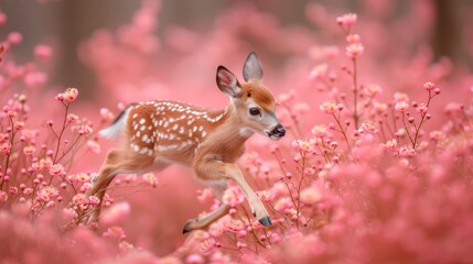   A tiny deer amidst a pink-flowered field, with a hazy backdrop of trees and shrubs in the foreground