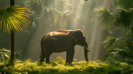 Foto op Aluminium   An elephant stands amidst a lush green forest, surrounded by palm trees and tall, leafy ones © Wall