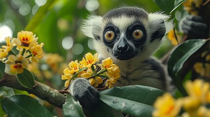   A tight shot of a monkey seated on a tree limb, surrounded by flowers in the foreground, and trees extending in the background