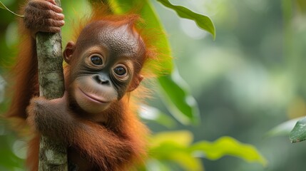   A baby orangutan clinging to a tree branch, gaze fixed on the camera as its head tilts over it
