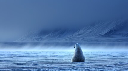   A polar bear stands in the midst of a water body, surrounded by a backdrop of a distant mountain shrouded in fog - obrazy, fototapety, plakaty