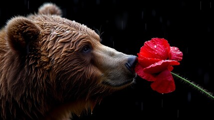   Close-up of a bear sniffing a flower with dewdrops on its face against a black backdrop - obrazy, fototapety, plakaty