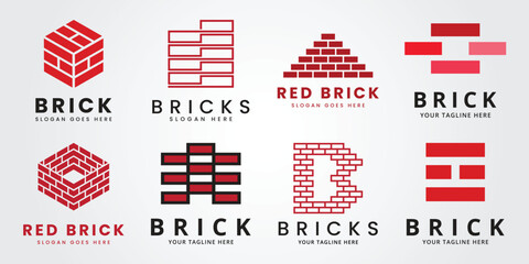 set bundle red brick, pile and stack balance bricks logo vector illustration design template product