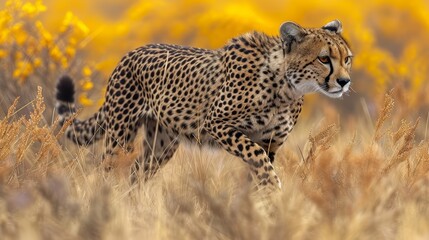   A cheetah traverses tall, dry grass toward a sunlit expanse of yellow wildflowers