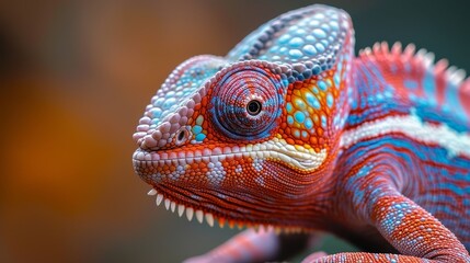 Obraz premium A tight shot of a chameleon's vivid head and tail, backed by a blurred background