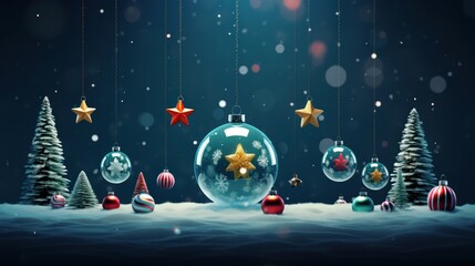 Naklejka premium A snowy holiday scene with a collection of Christmas baubles and trees, reflecting the serene atmosphere of Christmas.