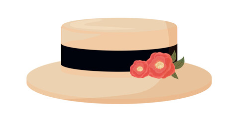 boater hat. French straw hat with a ribbon. Summer headdress. Vector stock illustration. Isolated on a white background.