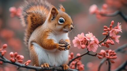   A tight shot of a squirrel perched on a tree branch, surrounded by pink blossoms in the foreground Background softly blurred