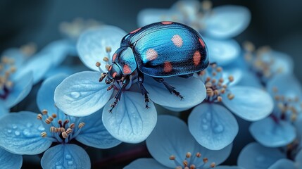   A tight shot of a bug perched on a flower, sporting water droplets on its dorsal and lateral surfaces - obrazy, fototapety, plakaty