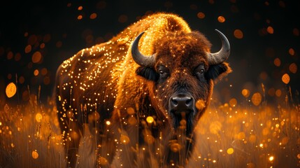  A tight shot of a bison in a sea of grass Sunlight softly illuminates its face - obrazy, fototapety, plakaty