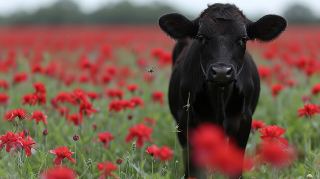   A black cow gazes at the camera in a vibrant red flower field, harboring a bug in one ear