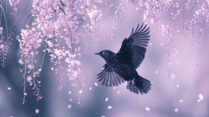   Bird flies over tree adorned with pink blooms, backdrop softly blurred
