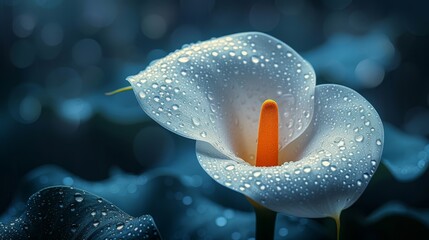   A tight shot of a white bloom with dewdrops on its petals against a dark blue backdrop - obrazy, fototapety, plakaty