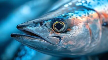   A tight shot of a fish with its mouth agape and widened eyes beneath the water surface - obrazy, fototapety, plakaty